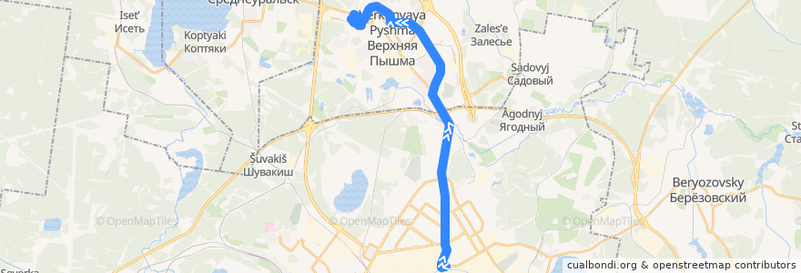 Mapa del recorrido Автобус 108. Екатеринбург - Верхняя Пышма de la línea  en أوبلاست سفردلوفسك.