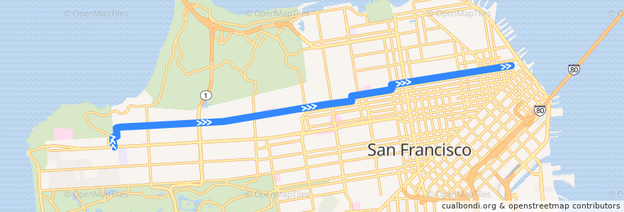 Mapa del recorrido Muni 1 inbound: The Richmond => Downtown de la línea  en 샌프란시스코.