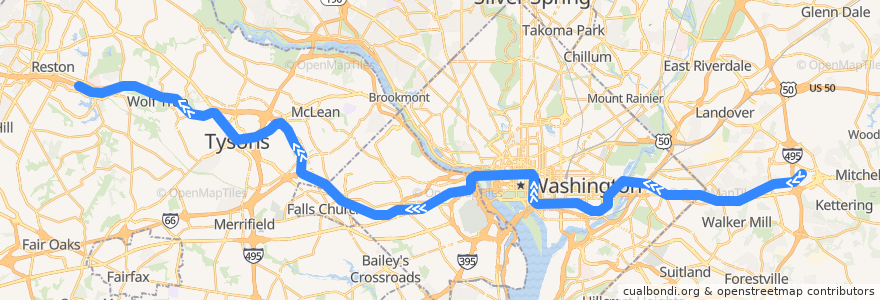 Mapa del recorrido WMATA Silver Line: Largo Town Center → Wiehle–Reston East de la línea  en États-Unis d'Amérique.