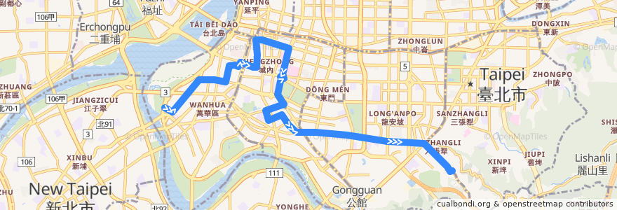Mapa del recorrido 臺北市 18 萬華-麟光新村 (往程) de la línea  en Taipei.