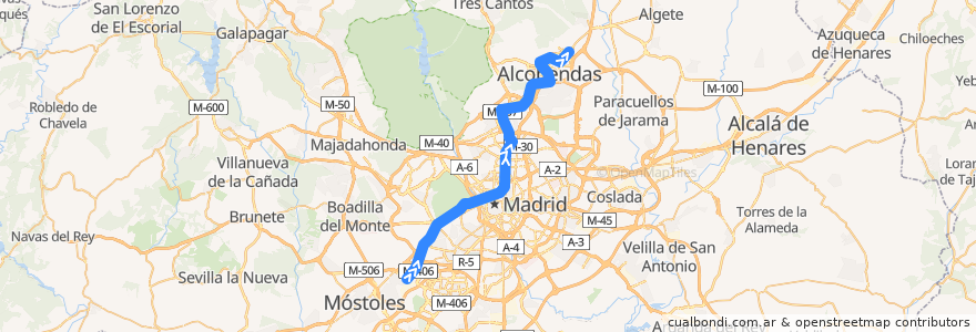 Mapa del recorrido Línea 10: Puerta del Sur-Hospital Infanta Sofía de la línea  en Comunidad de Madrid.