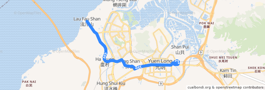 Mapa del recorrido 港鐵巴士K65綫 MTR Bus K65 (元朗站 Yuen Long Station → 流浮山 Lau Fau Shan) de la línea  en 윈롱구.