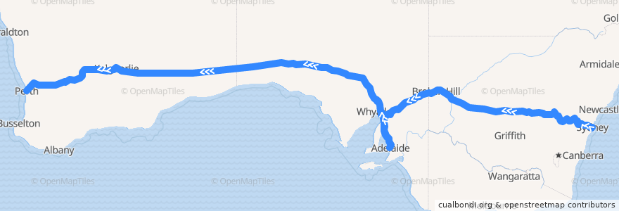 Mapa del recorrido Train Indian Pacific de la línea  en 澳大利亚 / 澳洲.