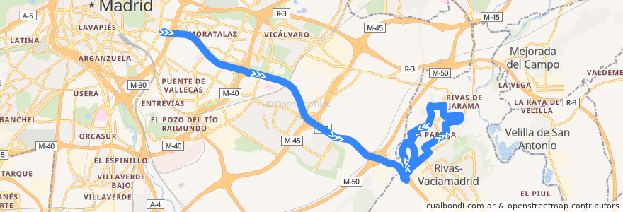 Mapa del recorrido Bus 333: Madrid (Conde de Casal) → Rivas-Urb. (Covibar II) de la línea  en Communauté de Madrid.