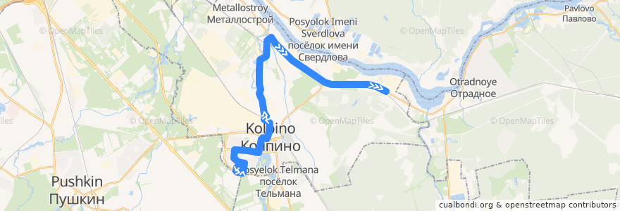 Mapa del recorrido Автобус № 332: Колпино, Заводской проспект => Сапёрный de la línea  en 科尔皮诺区.
