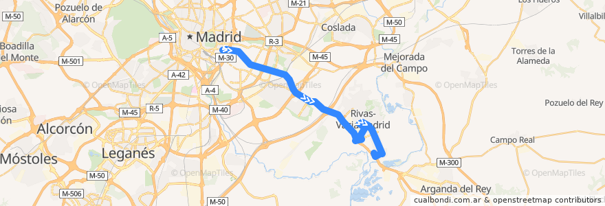 Mapa del recorrido Bus 332: Madrid (Conde de Casal) → Rivas Pueblo de la línea  en マドリード州.
