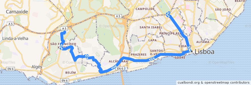 Mapa del recorrido Bus 732: Marquês de Pombal → Caselas de la línea  en Lisboa.