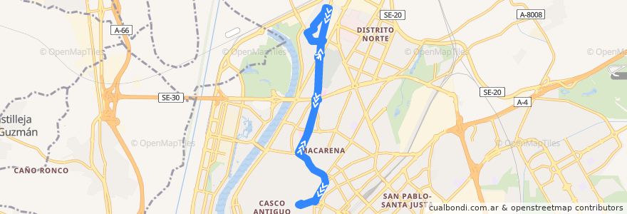 Mapa del recorrido 10 Ponce de León - San Jeronimo de la línea  en Sevilla.