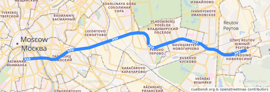 Mapa del recorrido Калининская линия: Третьяковская → Новокосино de la línea  en 莫斯科.