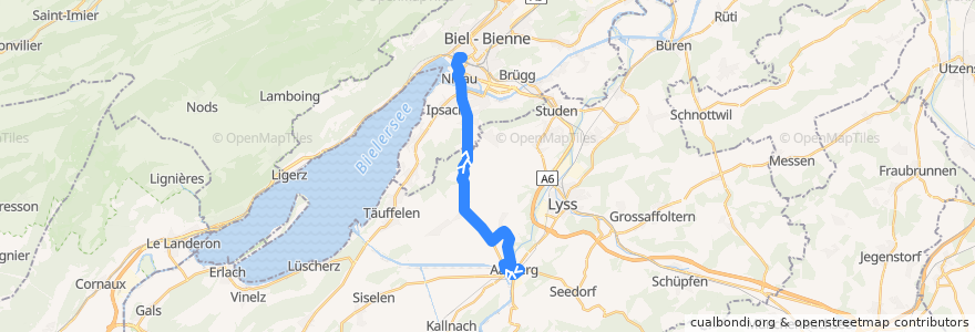 Mapa del recorrido Bus 86: Aarberg => Biel/Bienne de la línea  en Seeland administrative region.