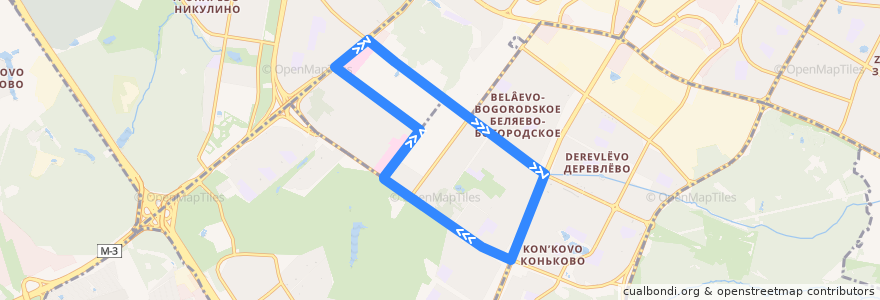 Mapa del recorrido Автобус 145: Метро "Беляево" => Метро "Беляево" de la línea  en South-Western Administrative Okrug.