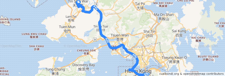 Mapa del recorrido 過海隧巴969線 Cross-harbour Bus 969 (銅鑼灣 Causeway Bay → 天水圍市中心 Tin Shui Wai Town Centre) de la línea  en 香港 Hong Kong.