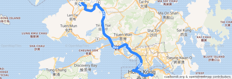 Mapa del recorrido 過海隧巴969線 Cross-harbour Bus 969 (樂湖居 Locwood Court → 銅鑼灣 Causeway Bay (經天耀 via Tin Yiu)) de la línea  en 香港 Hong Kong.