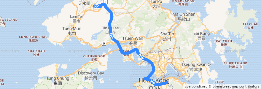 Mapa del recorrido Bus 968 (Yuen Long (West) → Causeway Bay (Tin Hau)) de la línea  en Гонконг.