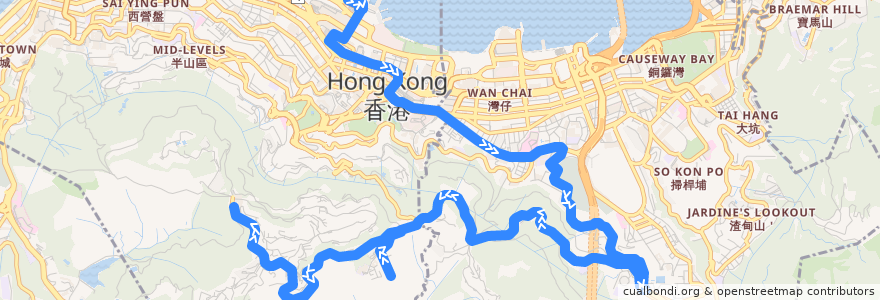 Mapa del recorrido Bus 15 (Central Pier 5 - The Peak) de la línea  en 香港島 Hong Kong Island.