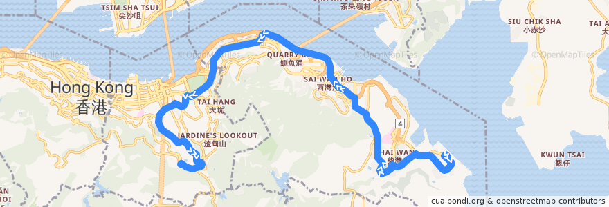 Mapa del recorrido 城巴19線 Citybus 19 (跑馬地（上） Happy Valley (Upper) → 小西灣（藍灣半島） Siu Sai Wan (Island Resort)) de la línea  en 香港島 Hong Kong Island.
