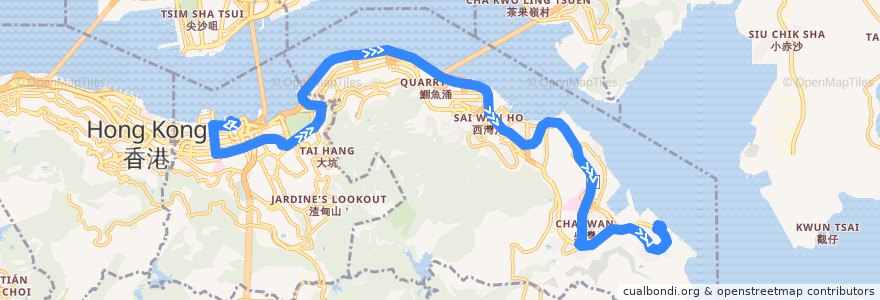 Mapa del recorrido 新巴8P線 NWFB 8P (小西灣（藍灣半島） Siu Sai Wan (Island Resort) → 灣仔北 Wan Chai North) de la línea  en 香港島 Hong Kong Island.