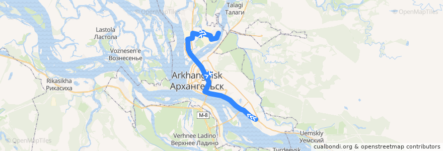 Mapa del recorrido Автобус 10/7у: Ленинградский, 350 - улица Малиновского de la línea  en Arkhangelsk Urban Okrug.