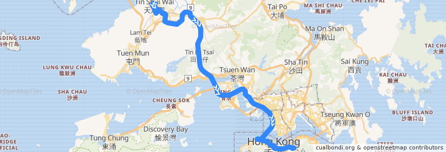 Mapa del recorrido 過海隧巴969線 Cross-harbour Bus 969 (天水圍市中心 Tin Shui Wai Town Centre → 銅鑼灣 Causeway Bay (不經美湖居 omit Maywood Court)) de la línea  en هنگ‌کنگ.