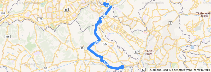 Mapa del recorrido 鶴川21系統 de la línea  en 일본.