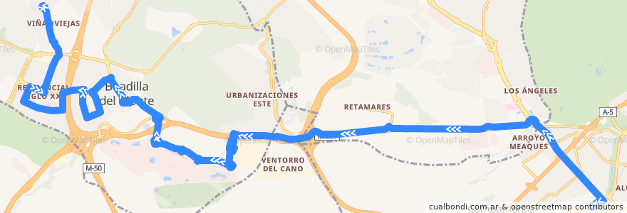 Mapa del recorrido Bus 574: Madrid (Aluche) → Ciudad Financiera → Boadilla del Monte de la línea  en منطقة مدريد.