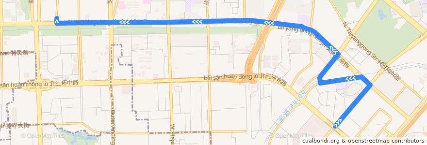 Mapa del recorrido Bus 515: 东大桥路口东 => 地铁北土城站 de la línea  en 朝阳区.