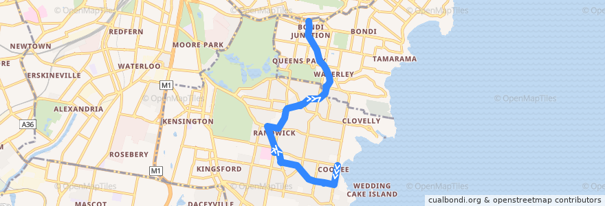 Mapa del recorrido Coogee - Bondi Junction via Randwick Junction de la línea  en 시드니.