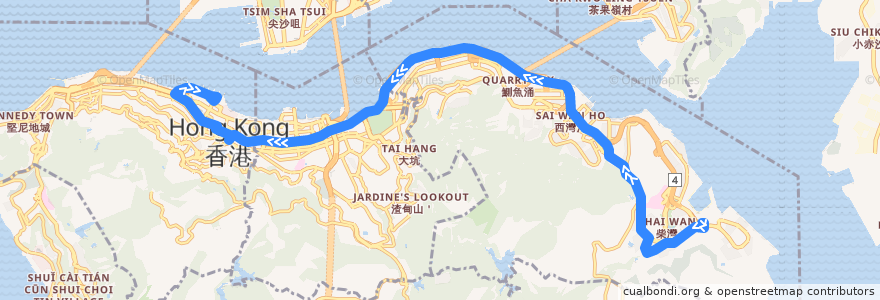 Mapa del recorrido 城巴780線 Citybus 780 (柴灣（東） Chai Wan (East) → 中環碼頭 Central (Ferry Piers)) de la línea  en 香港島 Hong Kong Island.