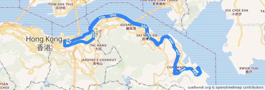 Mapa del recorrido 新巴N8P線 NWFB N8P (小西灣（藍灣半島） Siu Sai Wan (Island Resort) ↺ 灣仔（港灣道） Wan Chai (Harbour Road)) de la línea  en 香港島 Hong Kong Island.