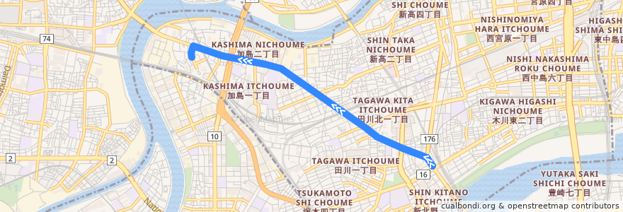 Mapa del recorrido 17: 十三～加島西 de la línea  en Yodogawa Ward.