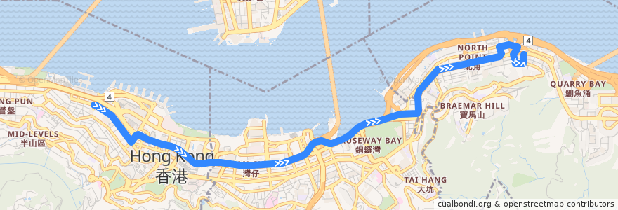Mapa del recorrido Bus 18 (Sheung Wan - North Point (Healthy Street Central)) de la línea  en 香港島.