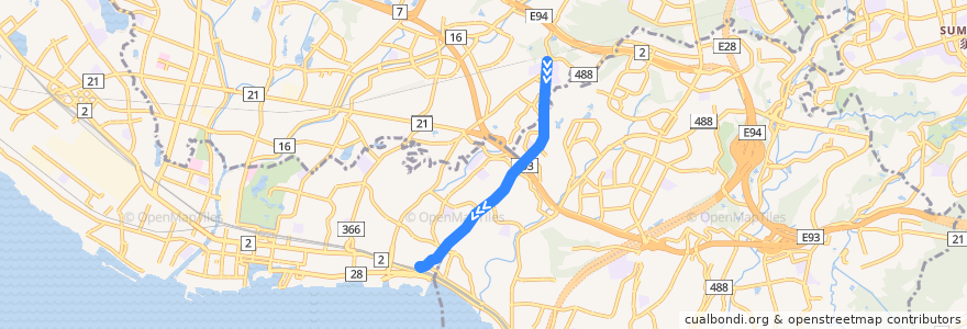 Mapa del recorrido 55 de la línea  en Hyogo Prefecture.