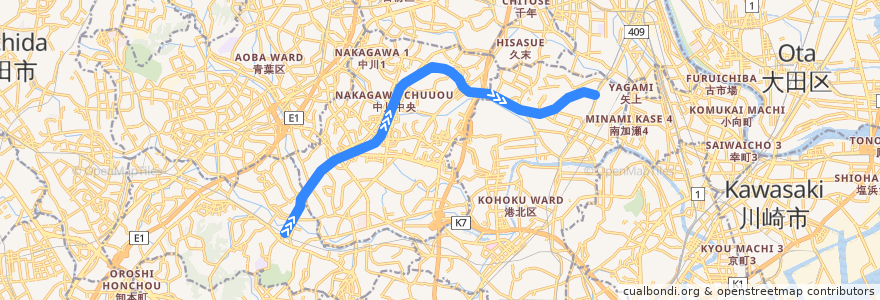 Mapa del recorrido グリーンライン de la línea  en Yokohama.