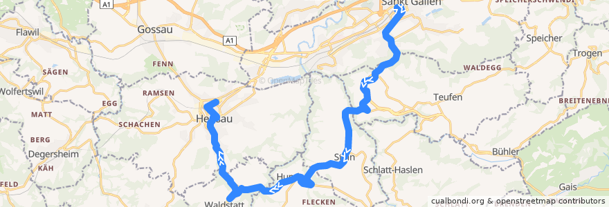 Mapa del recorrido Bus 180: St. Gallen => Herisau via Waldstatt, Hirschenkreuzung de la línea  en Appenzell Ausserrhoden.