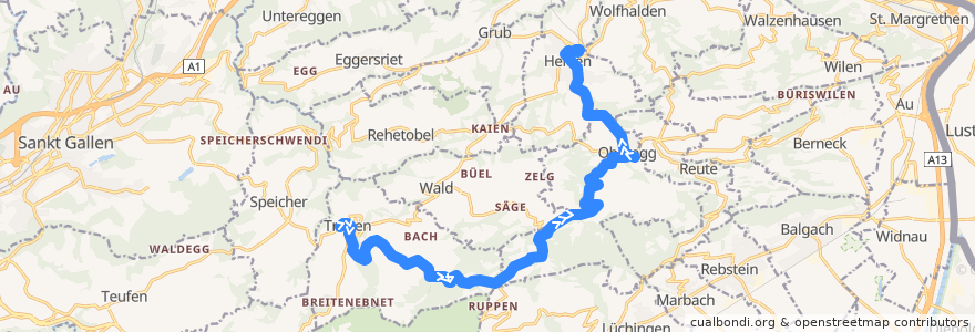 Mapa del recorrido Bus 229: Trogen => Oberegg AI => Heiden de la línea  en St. Gallen.
