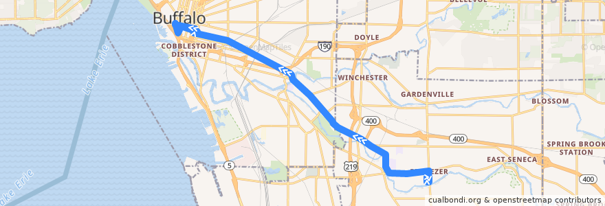 Mapa del recorrido NFTA 15A Seneca de la línea  en مقاطعة إيري.