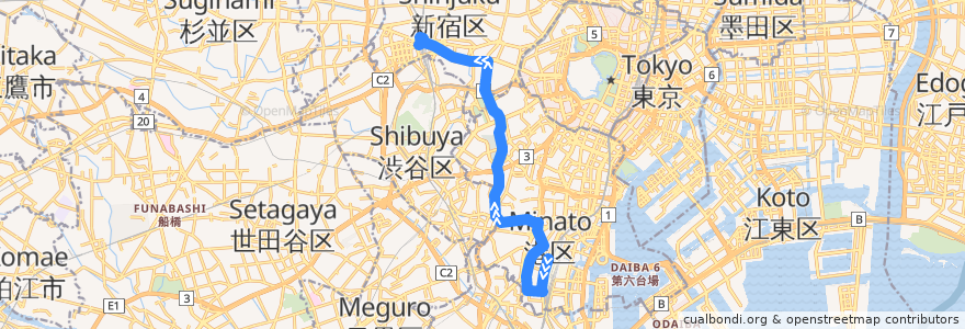 Mapa del recorrido 東京都交通局;はとバス 品97 品川駅高輪口 - 魚籃坂下;青山一丁目駅;新宿追分 - 新宿駅西口 de la línea  en Tokyo.