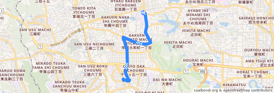 Mapa del recorrido 学園前駅（南） - 学園中三丁目 - 西千代ヶ丘二丁目 (Gakuemmae Station to Nishichiyogaoka 2-chome via Gakuennaka 3-chome) de la línea  en 奈良市.
