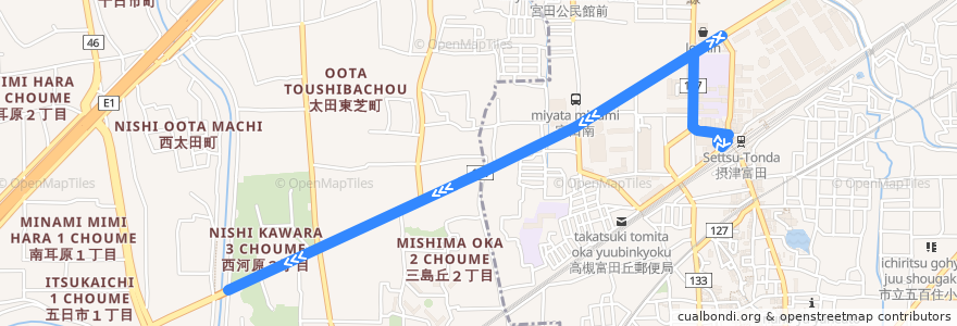 Mapa del recorrido 65: JR富田→JR茨木 de la línea  en Osaka Prefecture.