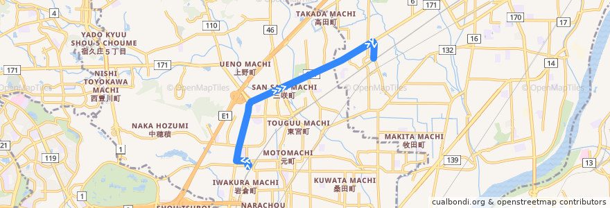 Mapa del recorrido 65: JR茨木→JR富田 de la línea  en Prefettura di Osaka.