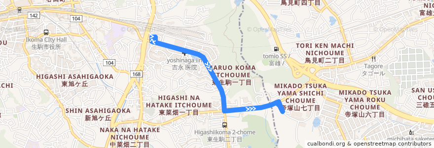 Mapa del recorrido 東生駒駅 - 帝塚山大学 (Higashi-Ikoma Station to Tezukayama University) de la línea  en Prefectura de Nara.