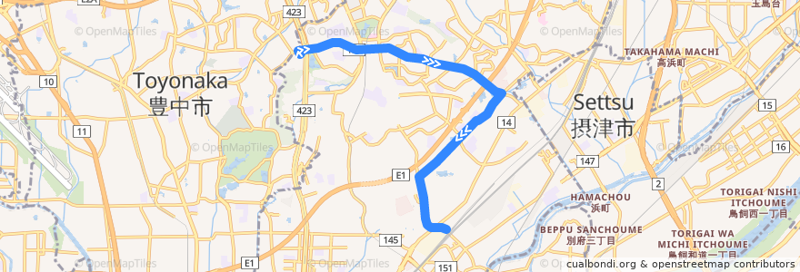 Mapa del recorrido 5: 桃山台駅前→JR吹田北口 de la línea  en Suita.