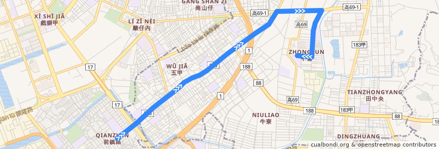 Mapa del recorrido 五甲幹線A(往程) de la línea  en 高雄市.