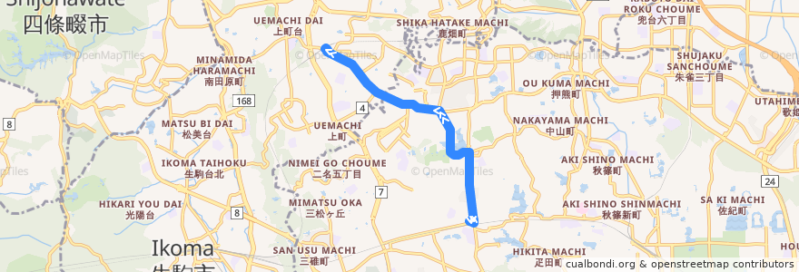 Mapa del recorrido 学園前駅（北） - 学研北生駒駅 （急行）(Gakuemmae Station to Gakken Kita-Ikoma Station) de la línea  en Nara Prefecture.