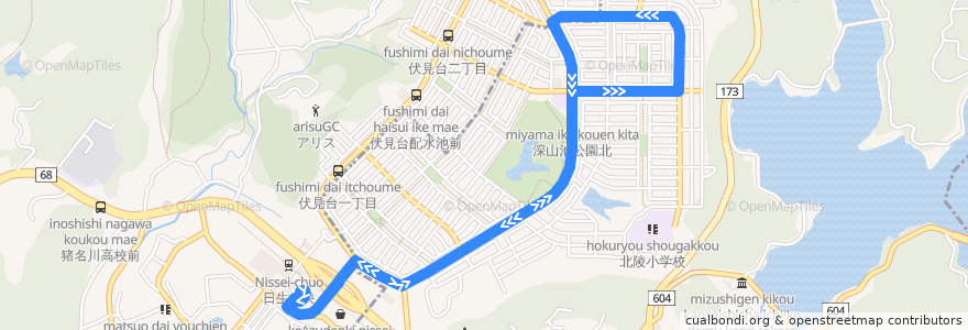 Mapa del recorrido 65: 日生中央→カリヨンの丘（循環） de la línea  en 川西市.