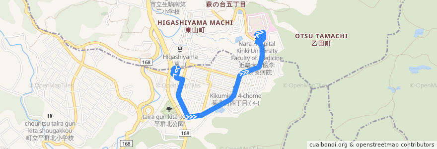 Mapa del recorrido 東山駅 - 近畿大学医学部奈良病院 (Higashiyama Station to Nara Hospital Kinki University Faculty of Medicine) de la línea  en 나라현.