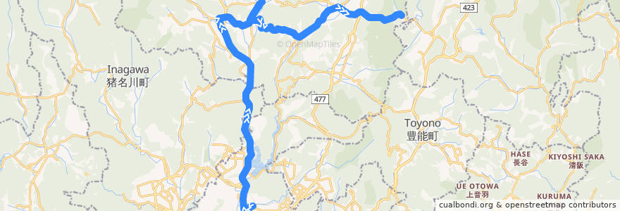 Mapa del recorrido 74: 山下駅前→杉原 de la línea  en 日本.