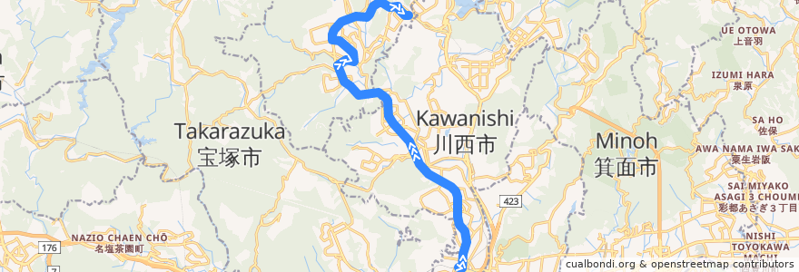 Mapa del recorrido 7: 阪急川西能勢口→日生中央 de la línea  en Prefettura di Hyōgo.