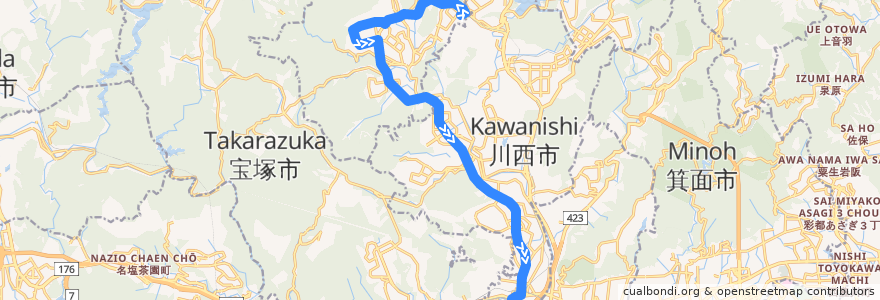 Mapa del recorrido 8: 日生中央→阪急川西能勢口 de la línea  en Prefettura di Hyōgo.