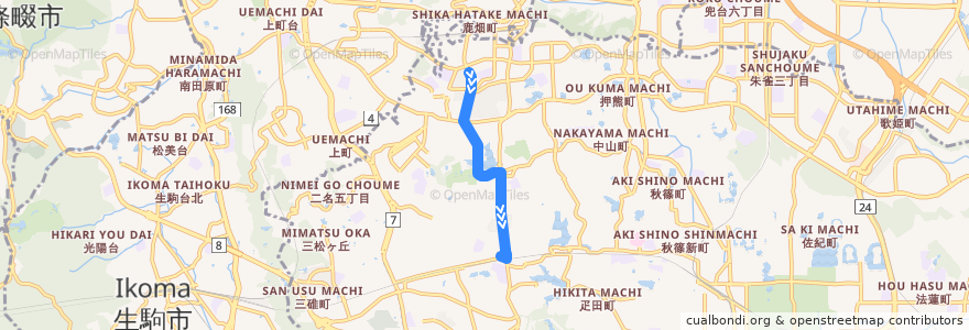 Mapa del recorrido 中登美ヶ丘四丁目 → 大渕橋 → 学園前駅（北） (Nakatomigaoka 4-chome to Gakuemmae Station via Obuchibashi) de la línea  en 奈良市.